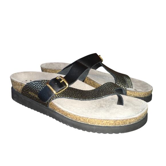 Mephisto Helen Leather Sandal Womens 37 7 Black Gold Comfort Toe Thong Slide - Picture 1 of 11